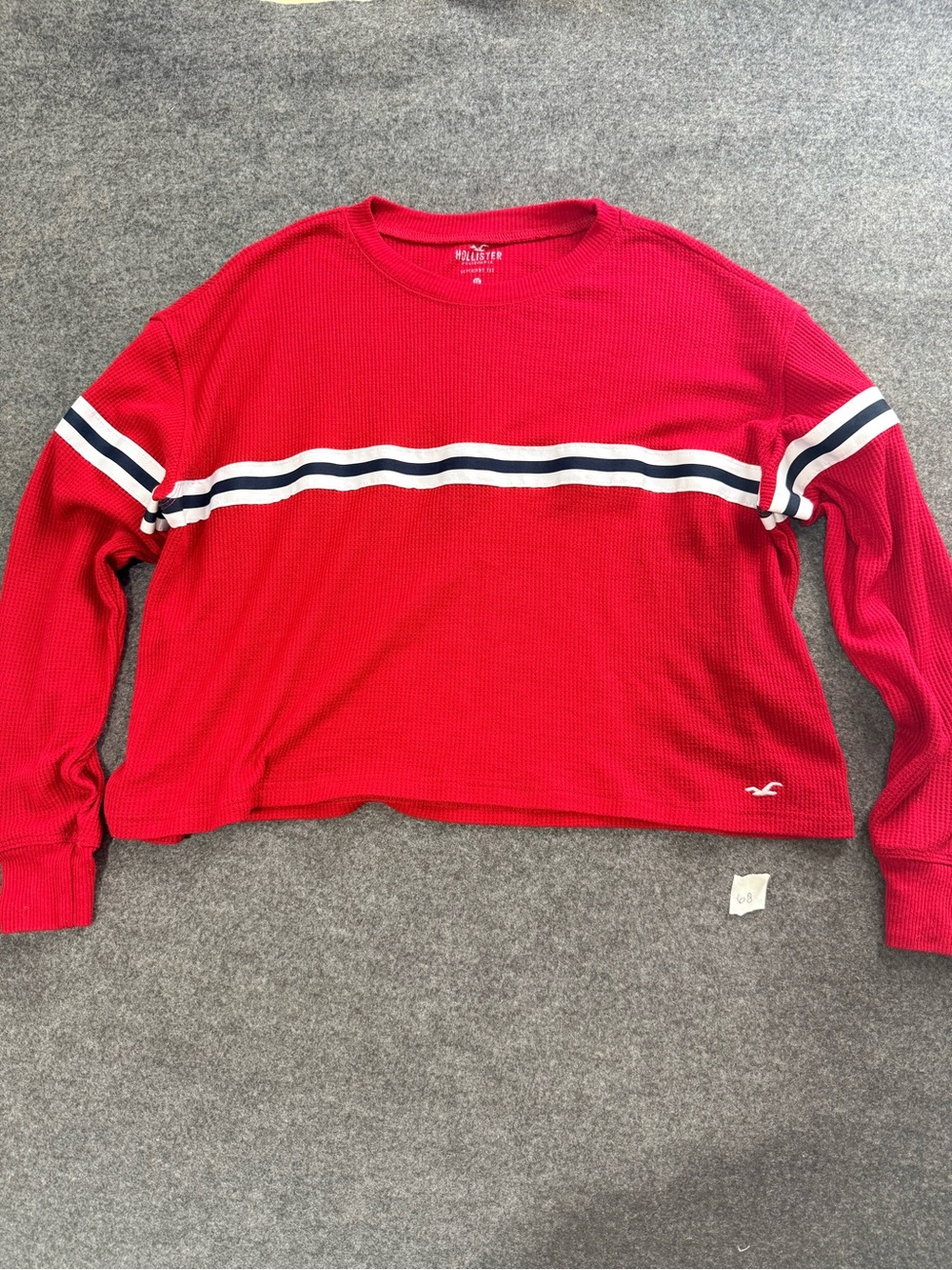Hollister Red Waffle-Knit Crewneck Sweater with Navy and White Stripes